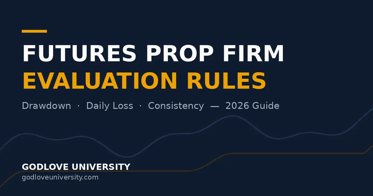 Futures prop firm evaluation rules 2026 guide cover — drawdown, daily loss and consistency, Godlove University