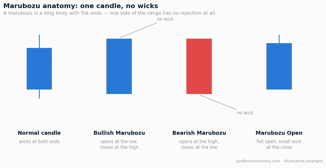 Marubozu candlestick anatomy: a normal candle with wicks compared to a bullish marubozu, a bearish marubozu and a marubozu open candle